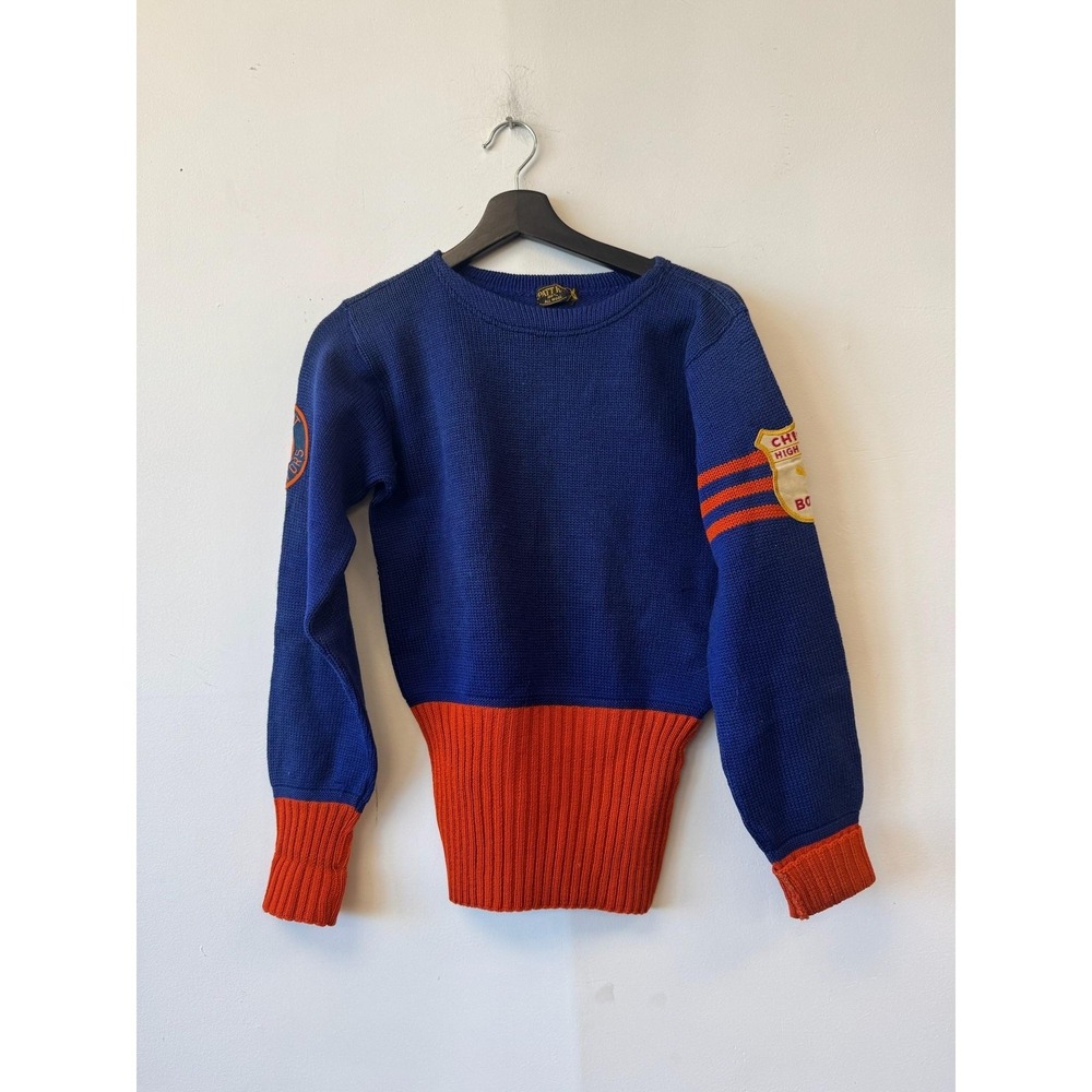Vintage Spatt Knit Sweater Small Blue Wool Bowling Club Farragut Chicago 40s 50s